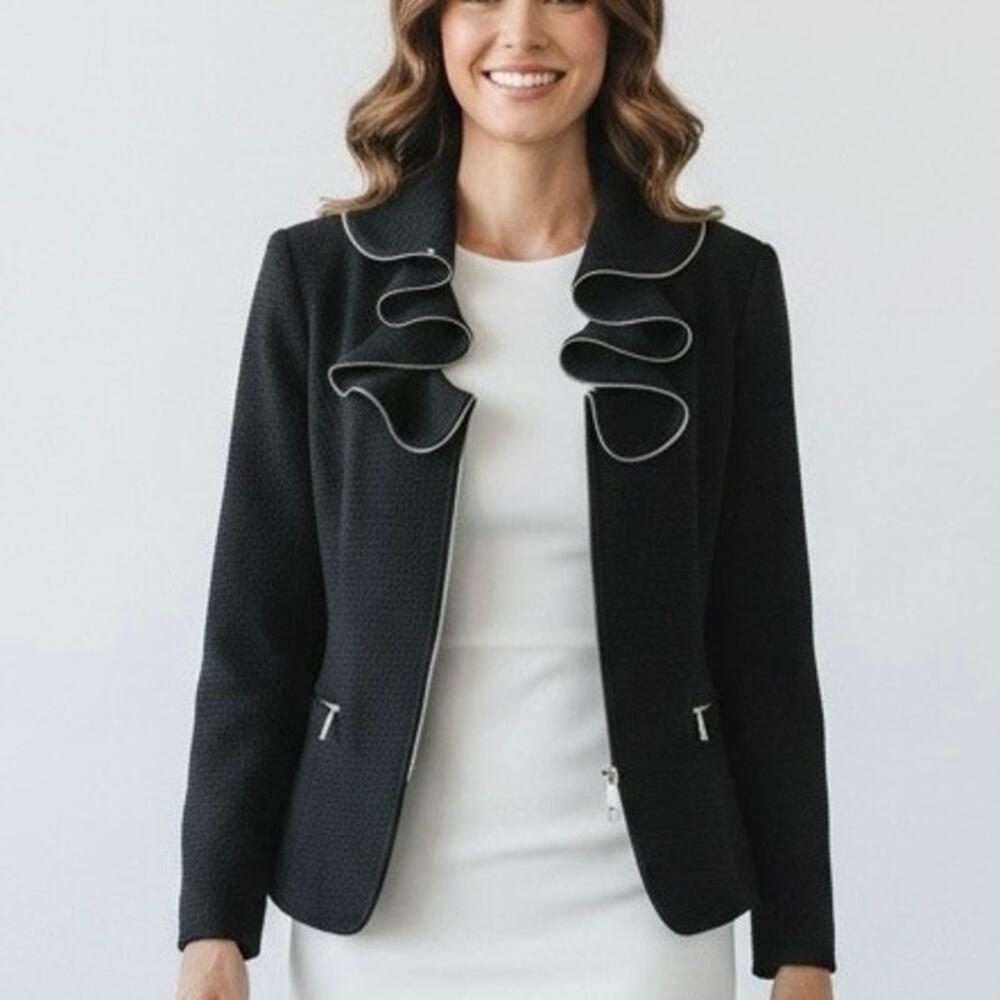 Lafayette 148 Blazer Black ruffle collar Silver tone zipper trim size 12